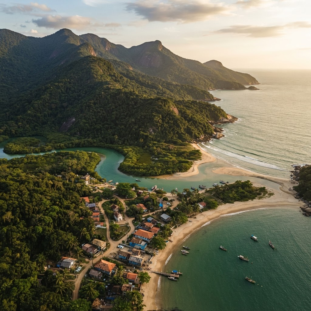 Vista aérea da costa de Mambucaba, entre a Serra do Mar, o rio e o mar